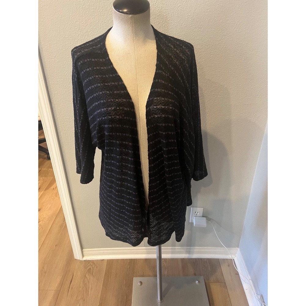 LuLaRoe Women's Small Black Gray Striped Open Front Knit Cardigan 3/4 Sleeve